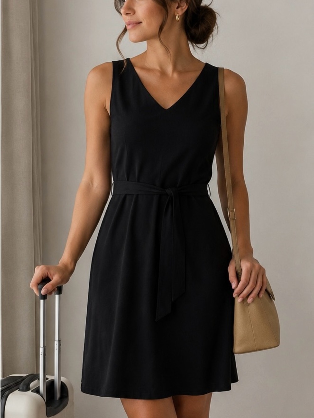 Calvin Klein Black Fit & Flare V-Neck Tie Waist Dress 8 Minimalist Travel Career